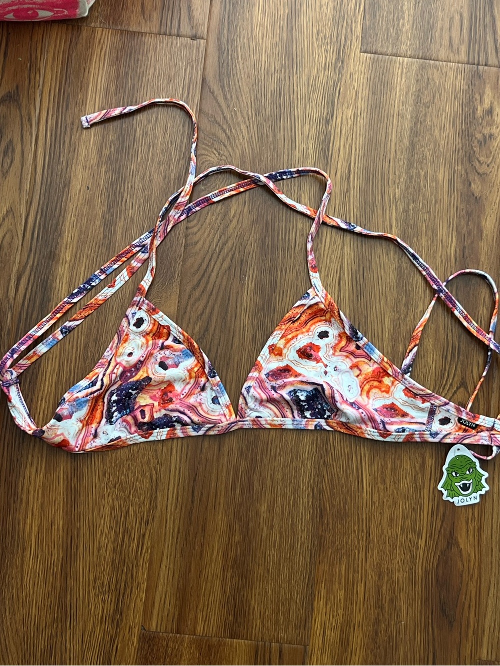 Jolyn Clothing Orange Pink Marble-Print Triangle Bikini Top